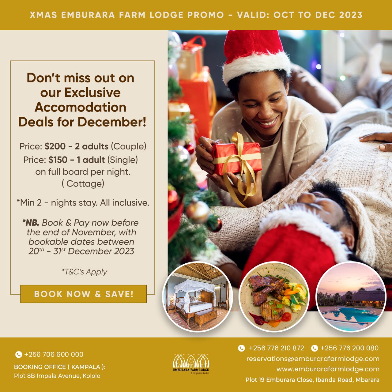 Book now to secure your spot and create lasting memories this Christmas. Don't miss out on our incredible offers, as availability is limited. Come and celebrate the magic of the season with us at our lodge and delight in a sumptuous Christmas dinner, meticulously prepared by our talented chefs, featuring a delectable spread of traditional favorites and mouthwatering desserts.
📧 reservations@emburarafarmlodge.com
☎️ +256776210872 | +256776200080 | +256706666000
🌐 www.emburarafarmlodge.com
#christmasoffer #getaway #lifeonthefarm #MagicalEscape #emburarafarmlodgecares
